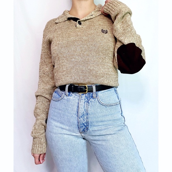 Vintage Sweaters - Vintage Oversized Speckled Tan + Corduroy Patch Retro Cotton Knit Henley Sweater